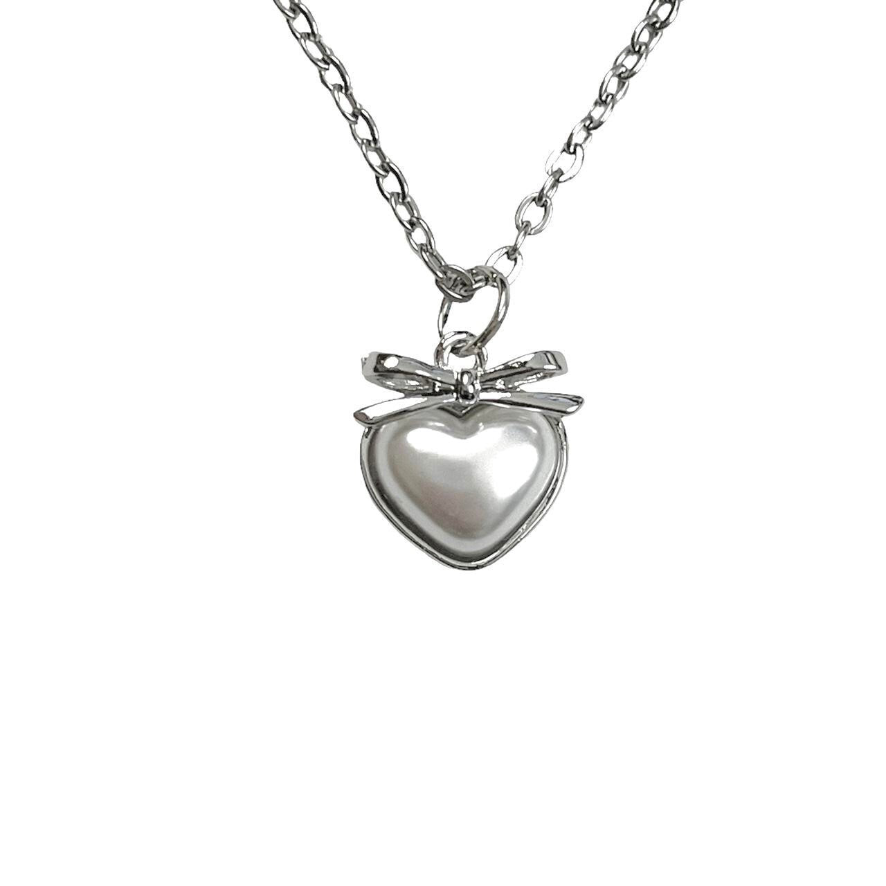 silver dainty pearl heart pendant necklace | y2k grunge necklace | hypoallergenic | non-tarnish | stainless steel | coquette bow ribbon