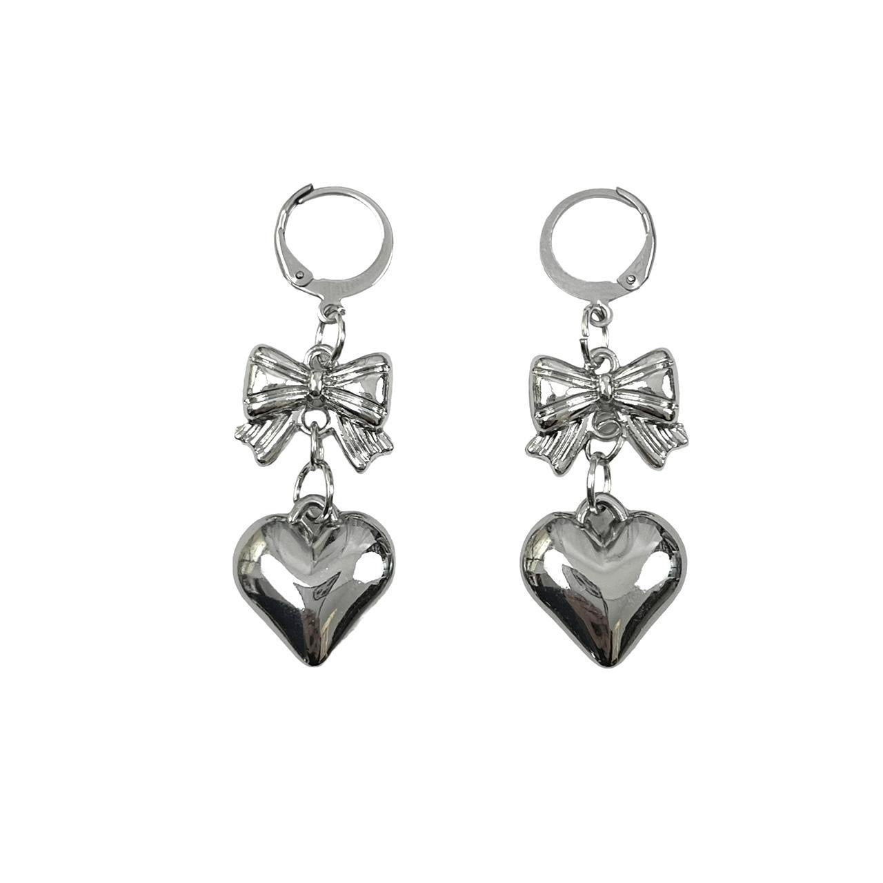 Silver Bow and Heart Earrings