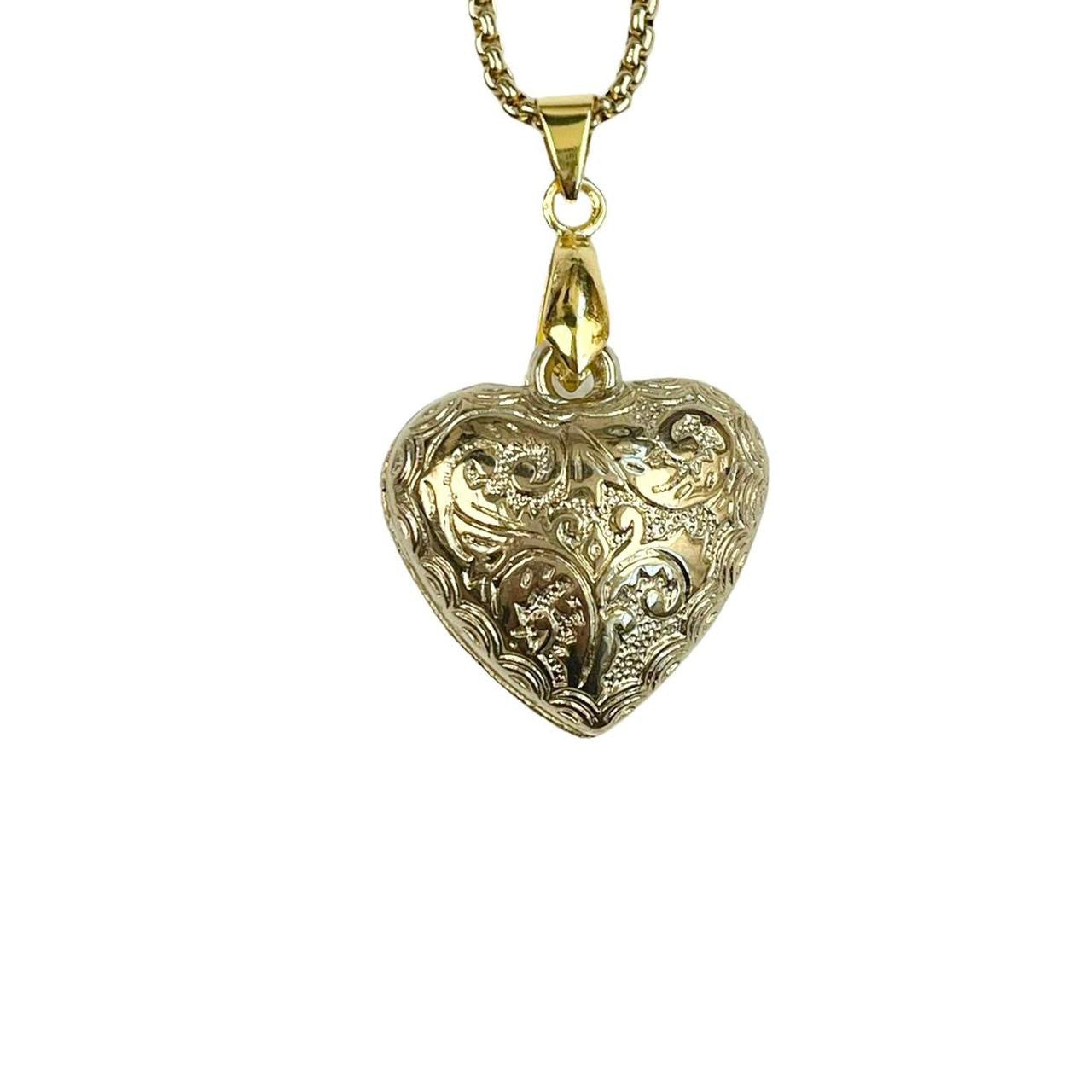 Gold Puffy Lace Heart Necklace