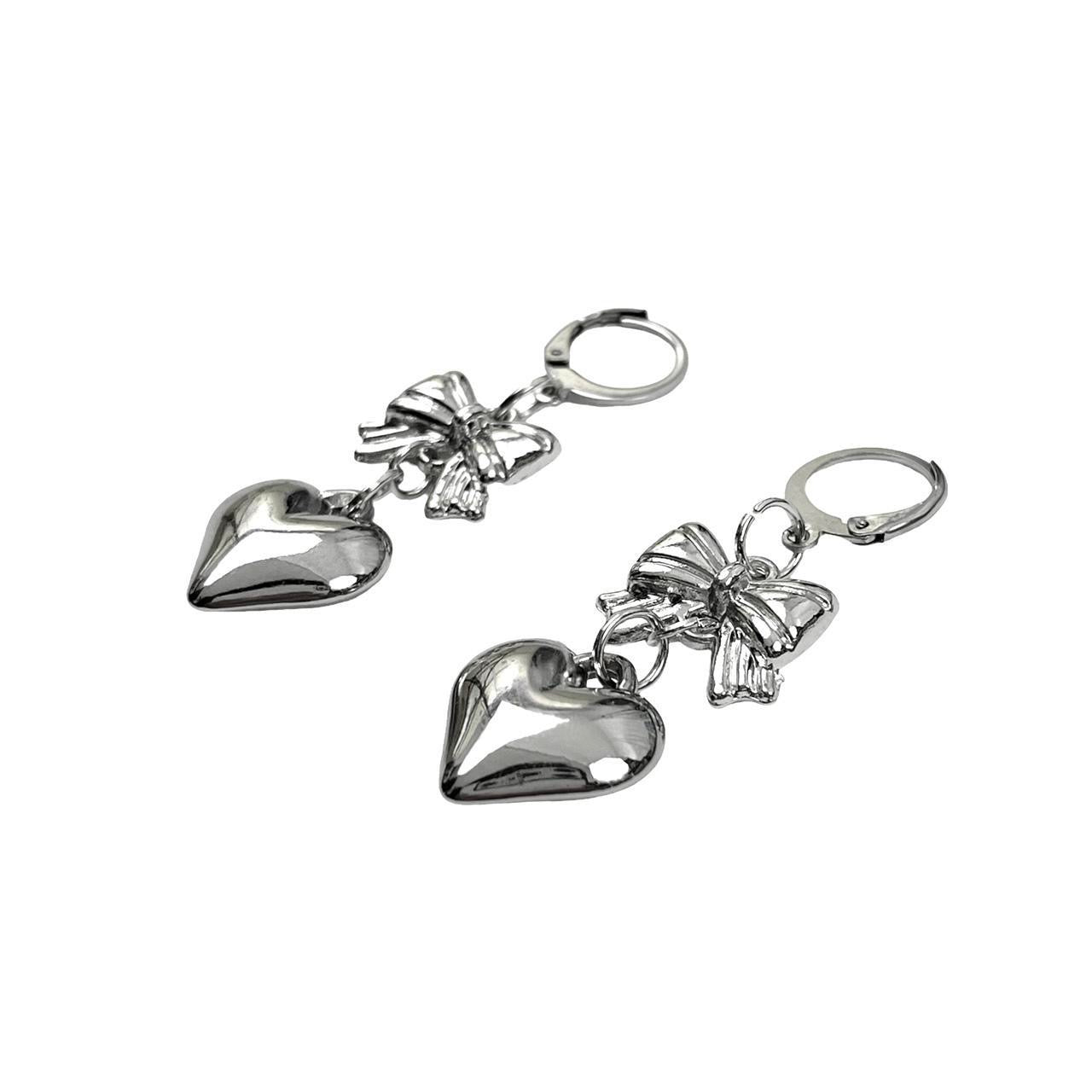 Silver Bow and Heart Earrings