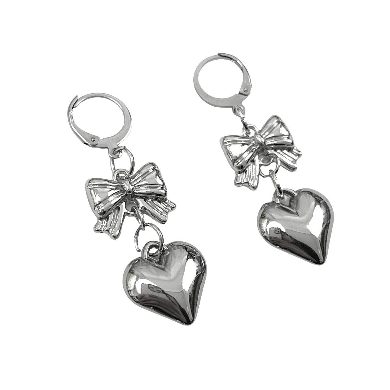 Silver Bow and Heart Earrings