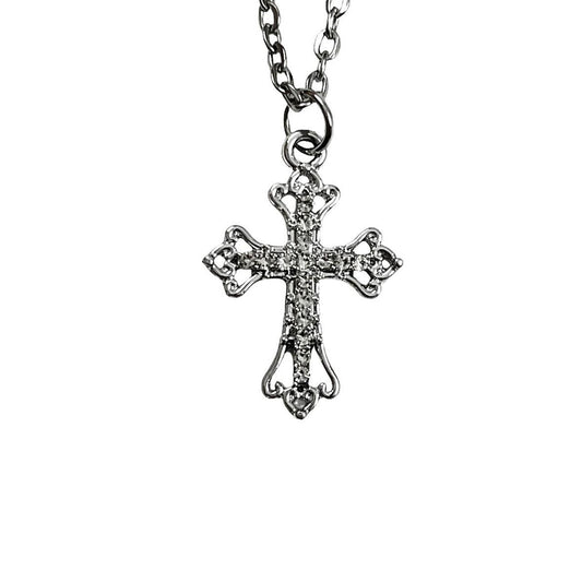 Silver Dainty Rhinestone Cross Necklace