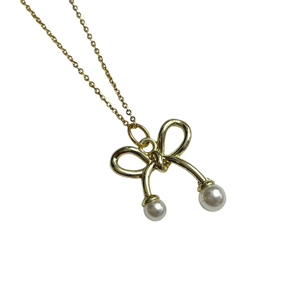 Gold Pearl Bow Necklace