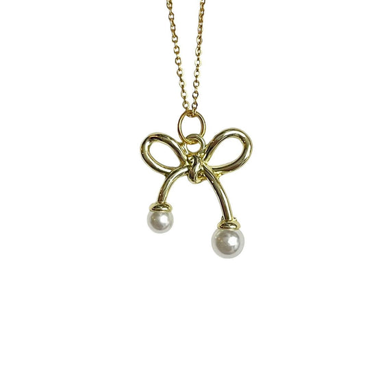 Gold Pearl Bow Necklace