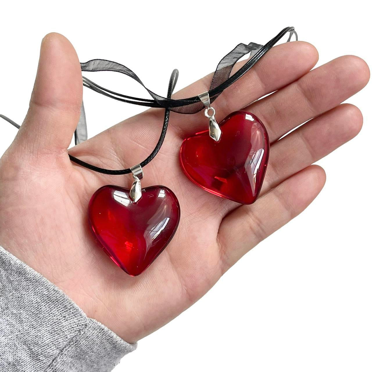 1pc Red-Color Glass Heart Pendant Necklace,one-size