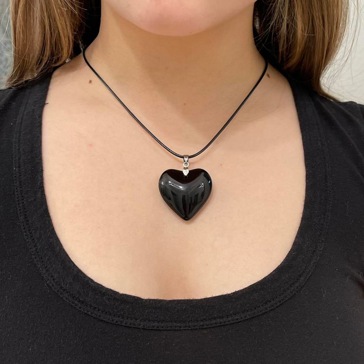 Large Black Glass Heart Necklace